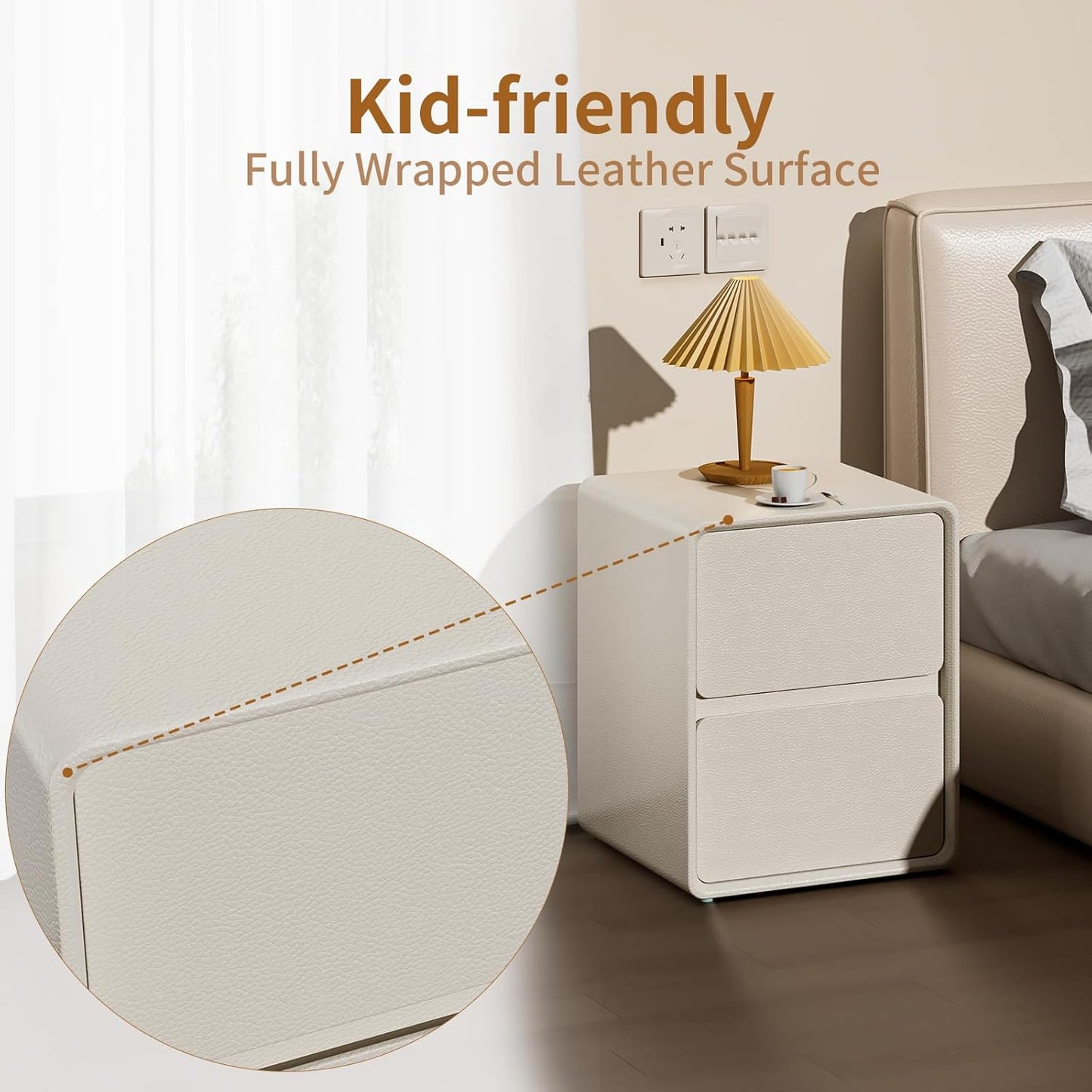 VICITON Modern Narrow Faux Leather Nightstand, Solid Wood Drawer, Storage Accent Table, Small Side End Table for Bedroom (Cream White, Large(15.7inch))