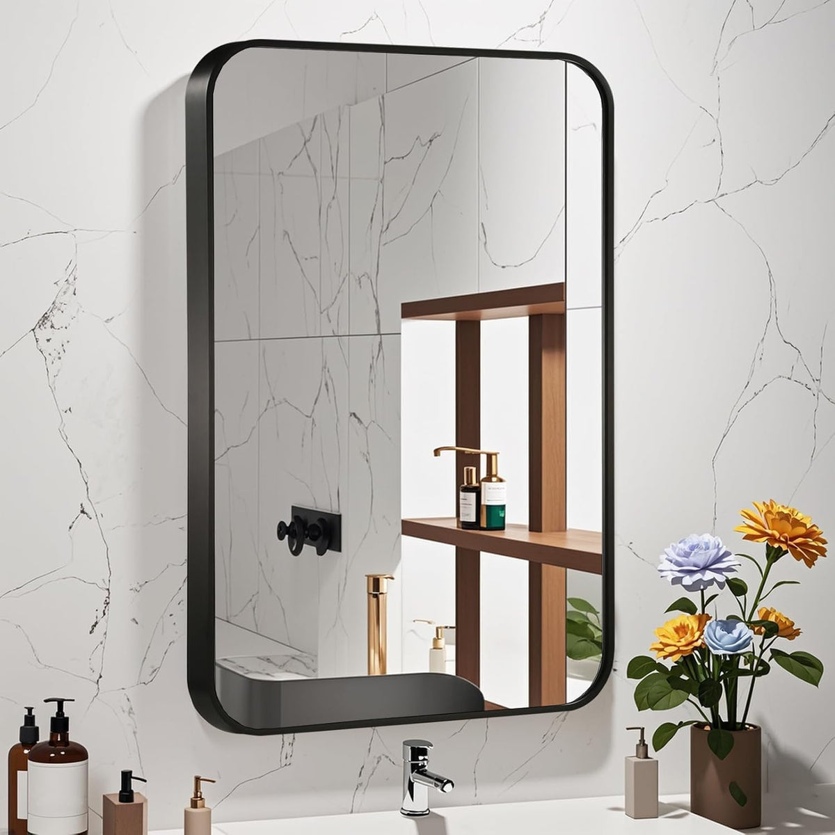 48x30 Inch Black Wall Mirror for Bathroom, Brushed Metal Framed Mirror with Rounded Corner, Rectangle Bathroom Vanity Mirror for Bedroom or Living Room, Horizontal/Vertical