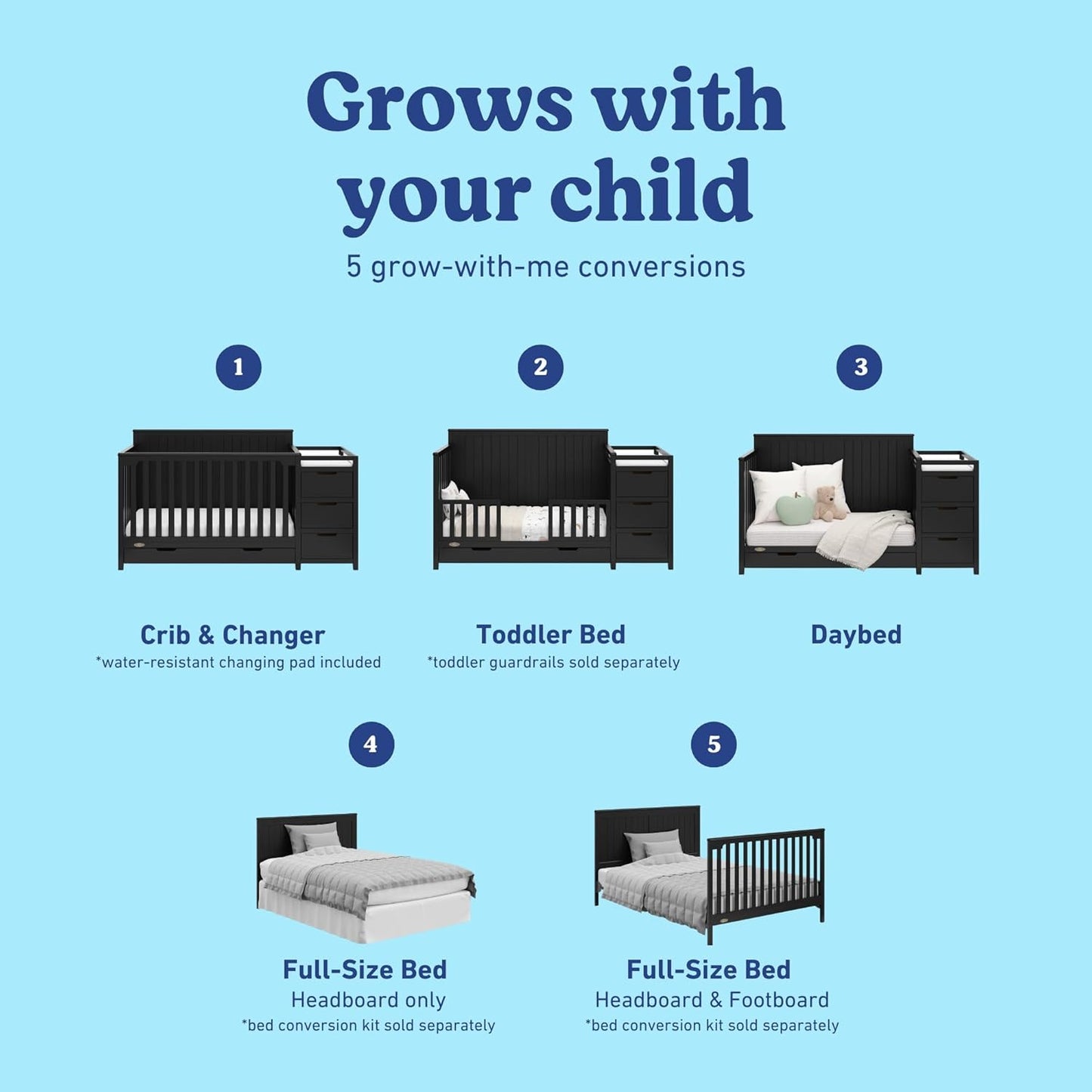 Graco Hadley All-in-One Convertible Crib & Changer (Black) – GREENGUARD Gold Certified, Fits Standard Crib Mattress, Converts to Toddler Bed and Full Bed, 4 Adjustable Mattress Heights