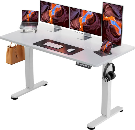 ErGear Height Adjustable Electric Standing Desk, 55 x 28 Inches Sit Stand up Desk, Large Memory Computer Home Office Desk with Two-Piece Desktop (White)