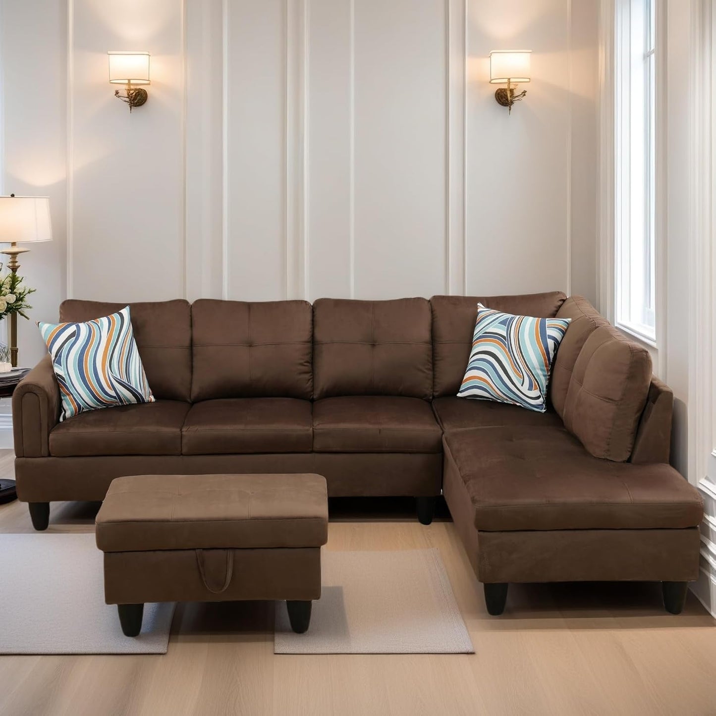 L Shaped Sectional Couches for Living Room, Modern Modular Sectional Sofa with Ottoman Storage, Comfy L Shaped Couch with Chaise for Bedroom Apartment Furniture, Brown