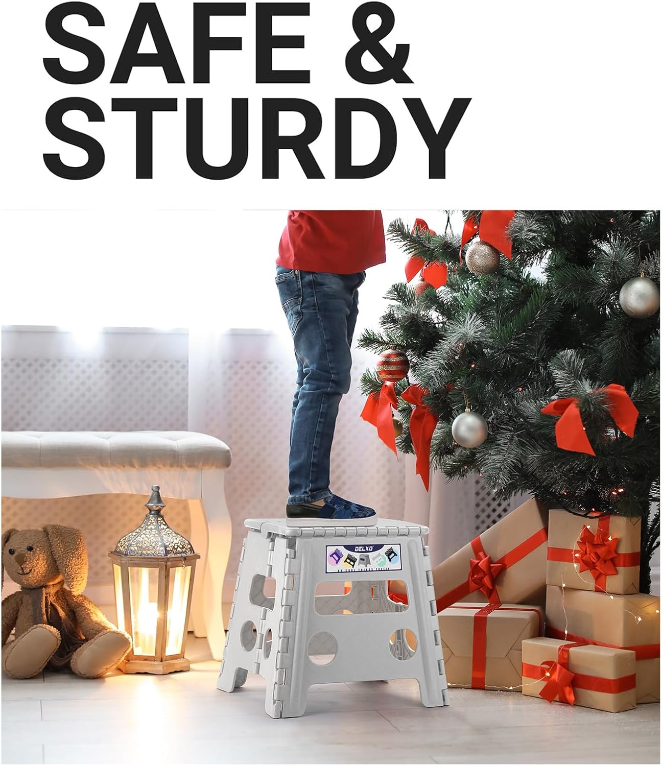 Delxo Folding Step Stool, 13 inch Non-Slip Foldable Stools Up to 300 LBS, Step Stool with Handle, Lightweight for Kitchen, Bathroom, Bedroom, Garden, Grey, 1PC