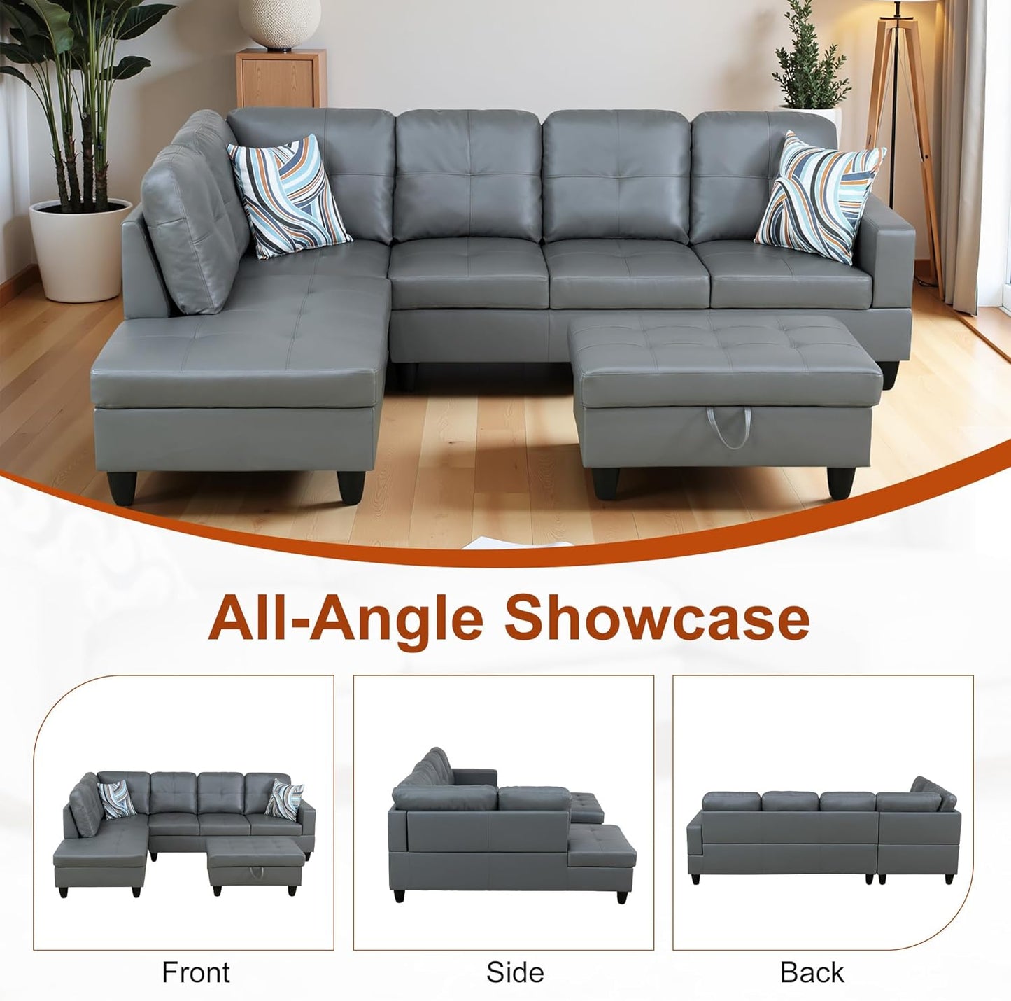 Osparple L Shaped Couch PU Leather Sectional Couches for Living Room Upholstered 3 Pieces Modular Sectional Sofa with Chaise, Ottoman with Storage for Living Room and Small Apartment, Dark Grey