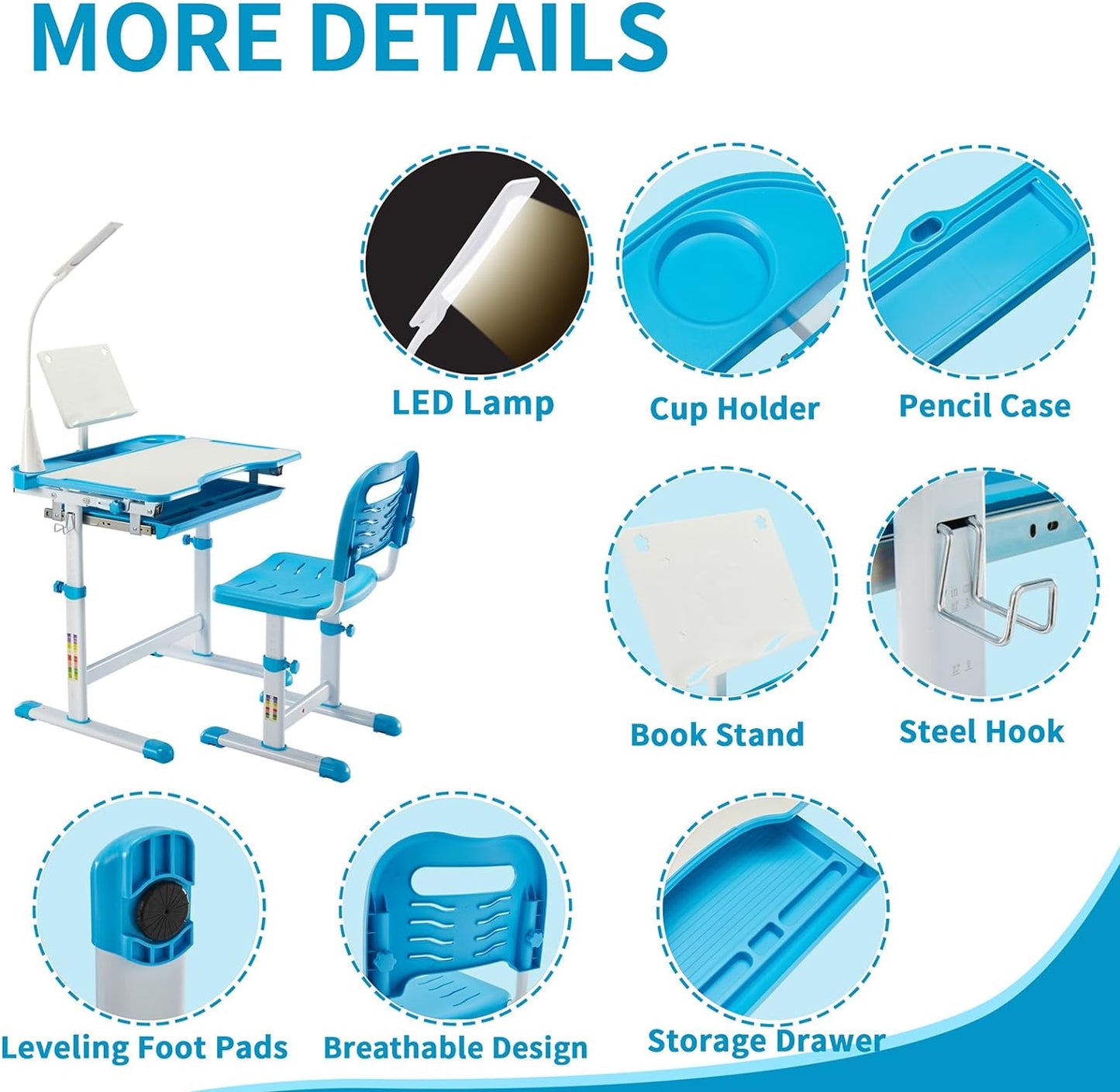 Diroan Kids Functional Desk and Chair Set, Ergonomic Height Adjustable Children School Study Desk with Tilt Desktop, Book Stand, LED Light, Metal Hook and Storage Drawer for Boys Girls(Blue)