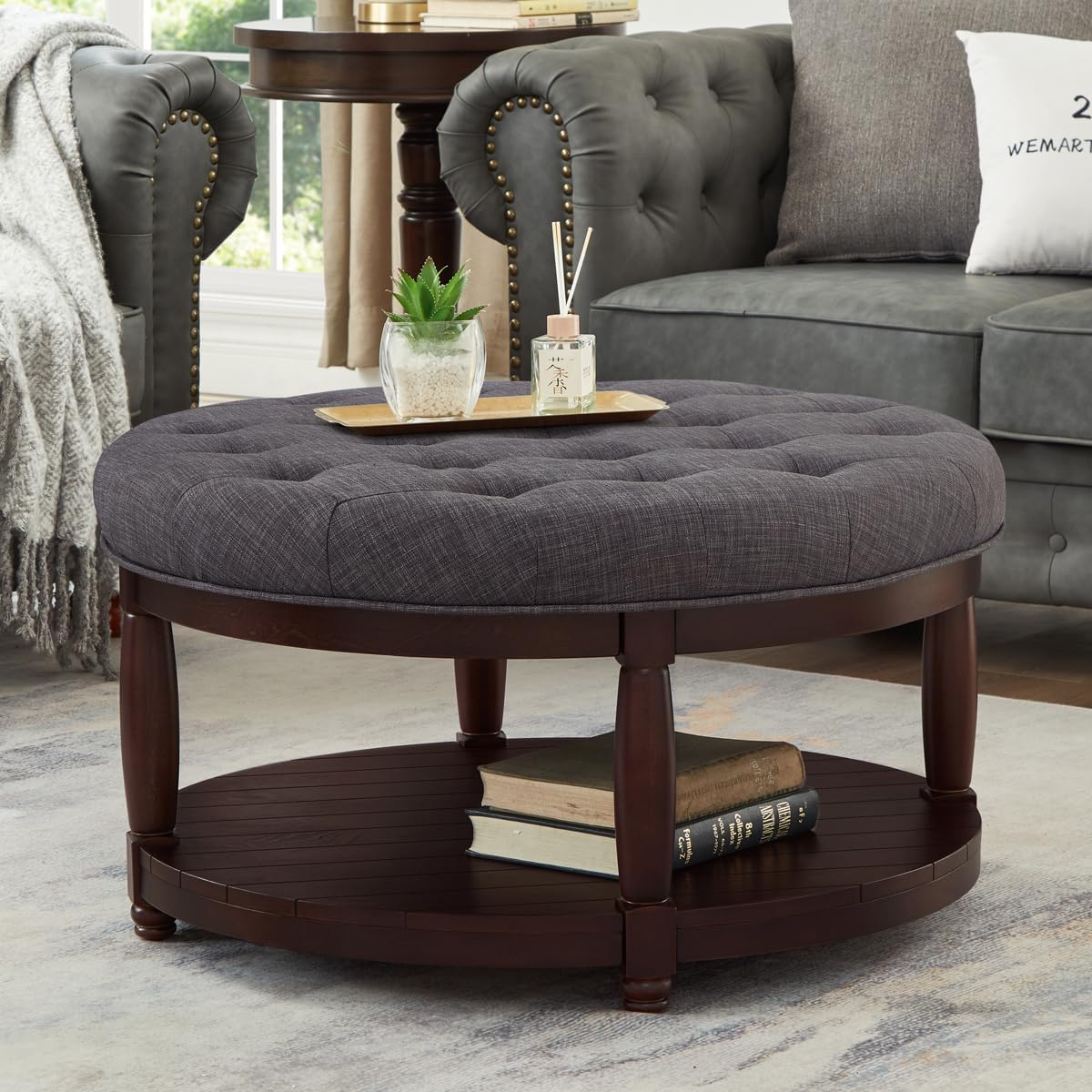 24KF Upholstered Round Coffee Table with Wooden Shelf, Tufted Button Large Round Ottoman with Spindle Wooden Legs, Linen Large Footrest Ottoman Pouf for Living Room, Dark Gray
