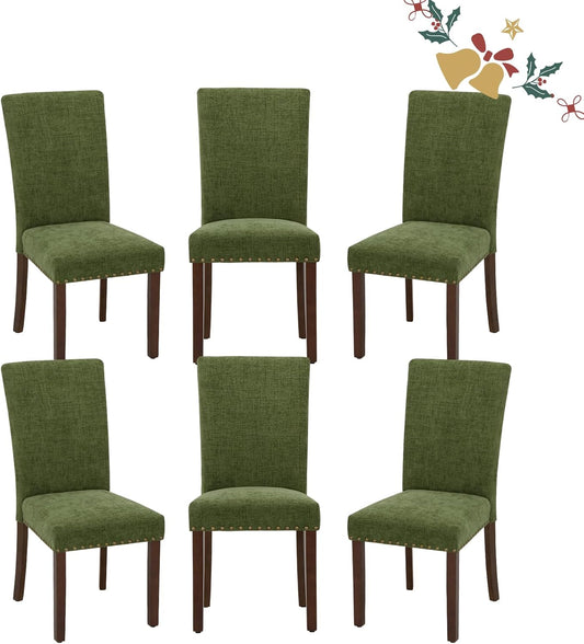 Parsons Dining Chairs Set of 6, Upholstered Nailhead Dining Room Kitchen Side Chair with Thick Cushions and Wood Legs, Green