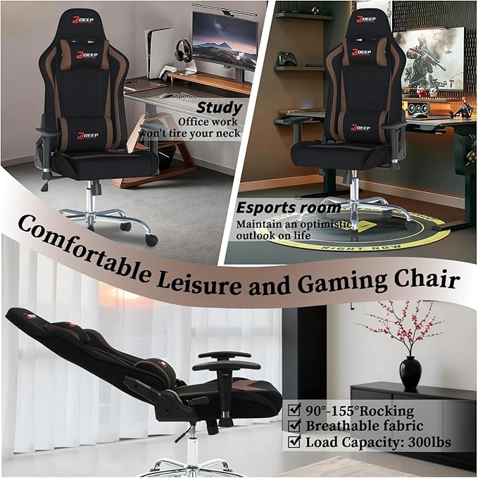 Ergonomic Fabric Gaming Chair with Footrest and Lumbar Support Racing Office Chair Adult-Specific Computer Gaming Chair Wrinkle-Resistant.(1005-Brown)