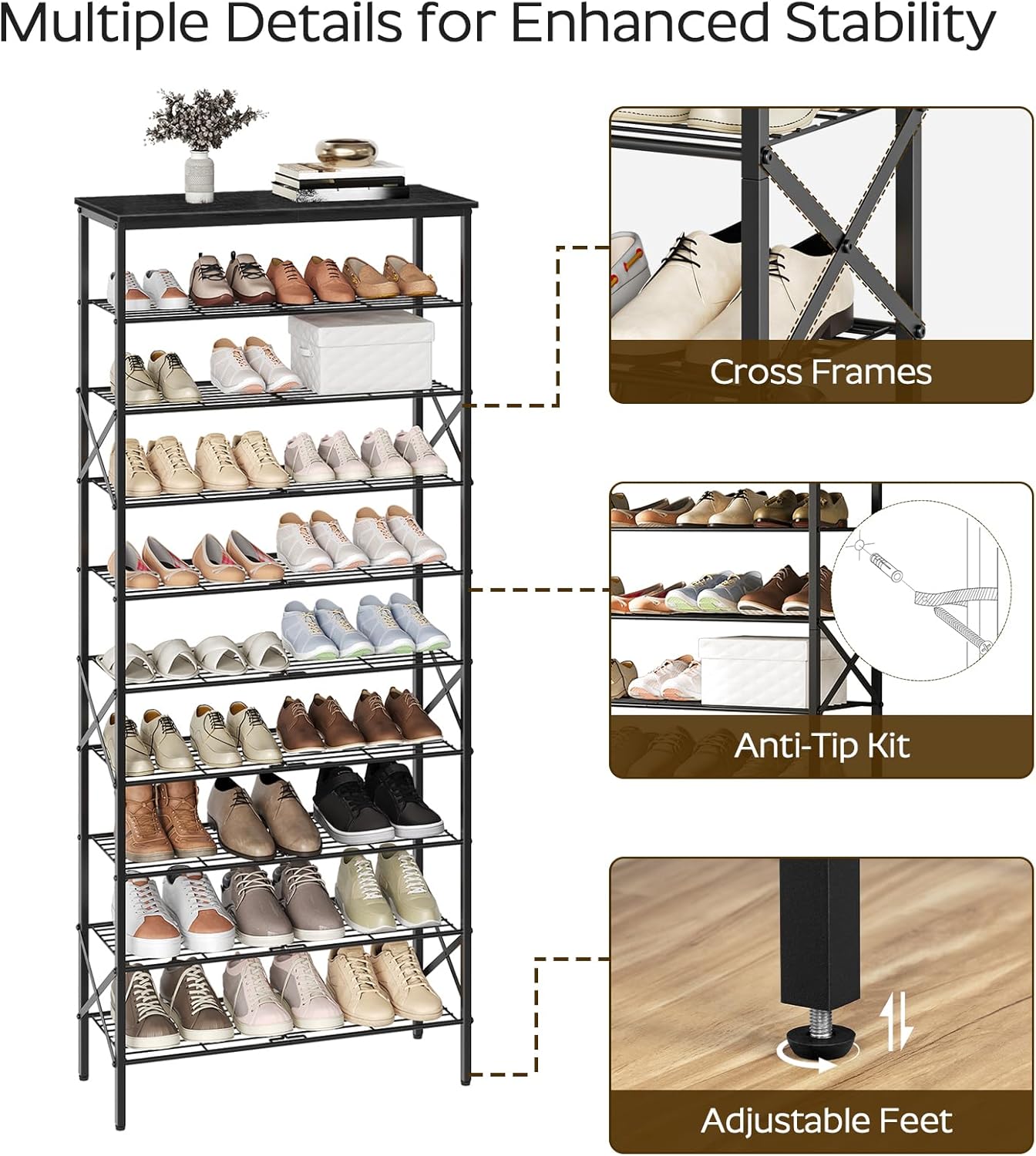 10 Tier Shoe Rack, Large Capacity Shoe Storage Organizer Holds 40 Pairs, Sturdy and Stable, for Entryway, Hallway, Closet, Dorm Room, Black SS10BB