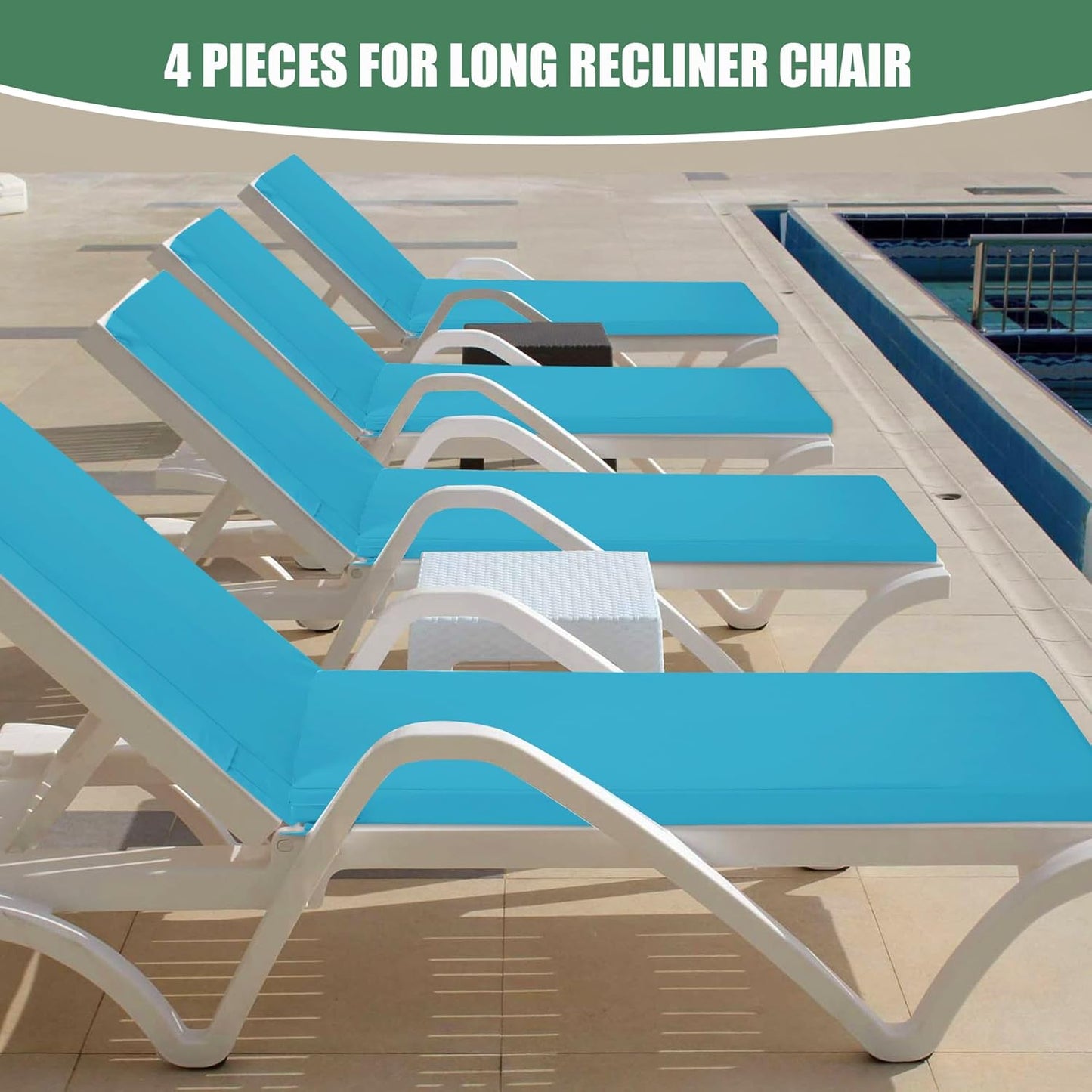 Chaise Lounge Cushions Outdoor Set of 4 - Waterproof and Fade Resistant Sun Lounger Replacement Cushions - Patio Lounger Pads with Removable Cover for Pool, Deck, Lawn, 80 x 26 x 3 Inch, Teal