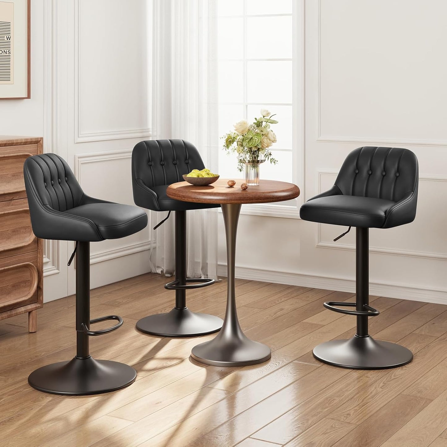 Bar Stools Set of 3, Swivel Bar Chairs, Modern Adjustable PU Leather Upholstered Barstools Counter Height with Tufted Back for Bar, Kitchen Counter Island, Dining Room, Black