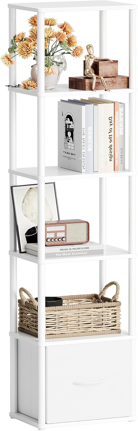 6-Tier Bookshelf with Drawer,Narrow Bookshelves Organizer,Floor Standing Ladder Shelf,Tall Bookcase for Small Space,Book shelf with Storage for Living Room, Bedroom, Office, Study White HBC505W