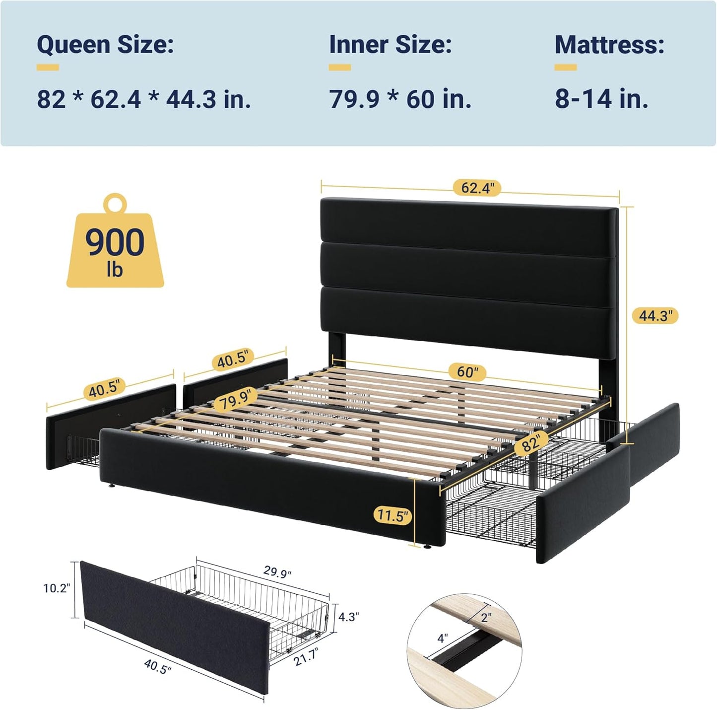 Allewie Modern Queen Size Platform Bed Frame with 4 Storage Drawers and Velvet Upholstered Headboard, Wooden Slats Support, Upholstered Mattress Foundation/No Box Spring Needed/Easy Assembly, Black