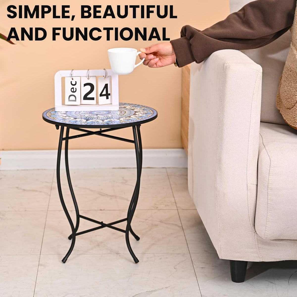 Metal Outdoor Side Table,14" Diameter Round Plant Stand for Flower Pots Vase Home Decor, Weather Resistant Patio Accent Table Plant Stand for Indoor Outdoor Use, Easy Assemble