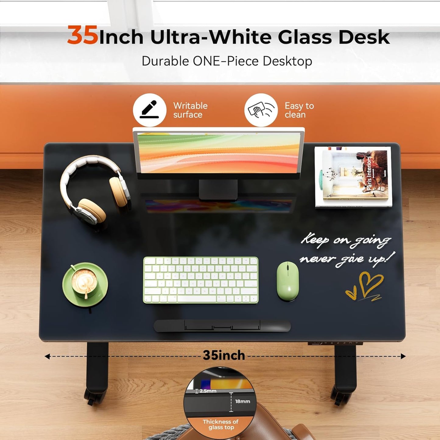 Glass Standing Desk，35inch Whole Piece Rolling Sit Stand Table with Wheels，90° Tiltable Mobile Rising Height Adjustable，Foldable Top Suit for Small Laptop，Black