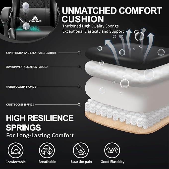 Gaming Chair,Ergonomic Massage Computer Office Desk Chair with Footrest,Pocket Spring Cushion,Reclining Leather Adjustable Gamer Chair with Headrest and Lumbar Support,Black