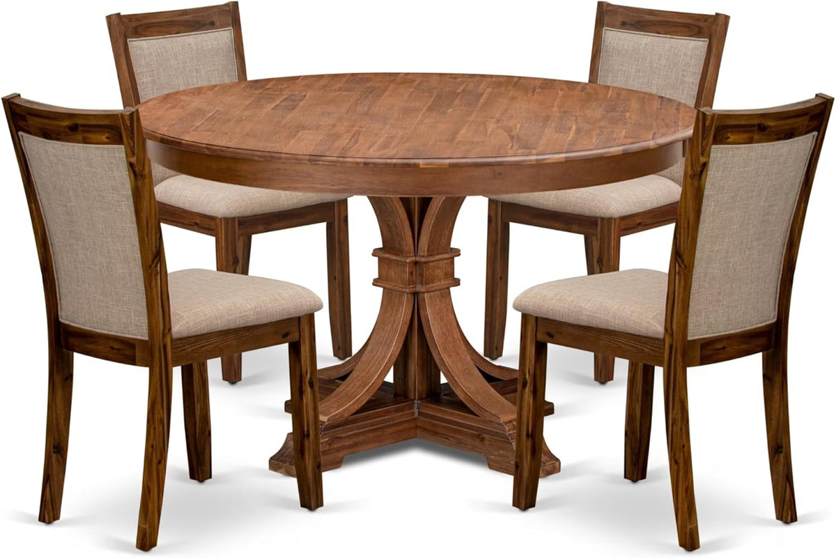 F7MZ5-50N-04 5-Pc Dining Table Set Includes a Pedestal Dinner Table and 4 Light Tan Polyester Fabric Parson Chairs with Padded Back- Antique Walnut