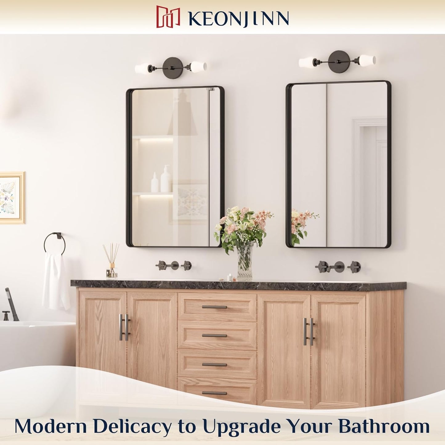 Keonjinn Black Bathroom Mirror for Vanity 24 x 36 Inch Metal Framed Wall Mirror Matte Black Rounded Rectangle Farmhouse Mirror, HD Tempered Glass, Wall-Mounted Decorative Mirror(Horizontal/Vertical)