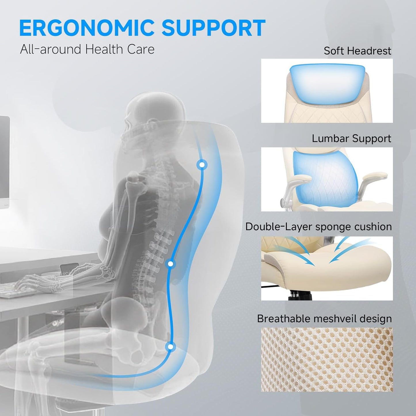 COMHOMA Big and Tall Office Chair, High Back Leather Executive Chair with Pocket Spring Lumbar Support and Flip-up Armrests, Swivel Managerial Office Chair with Adjustable Height， Beige