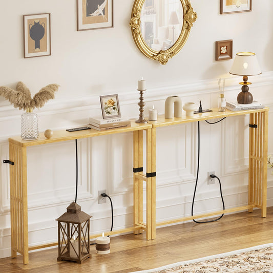 2 Pack Narrow Console Table Bamboo, 78.8" Long Entryway Tables with 2 Power Outlets and USB-C Ports, Couch Table Behind Sofa for Display, Hallway, Living Room, Bedroom, Foyer, Natural