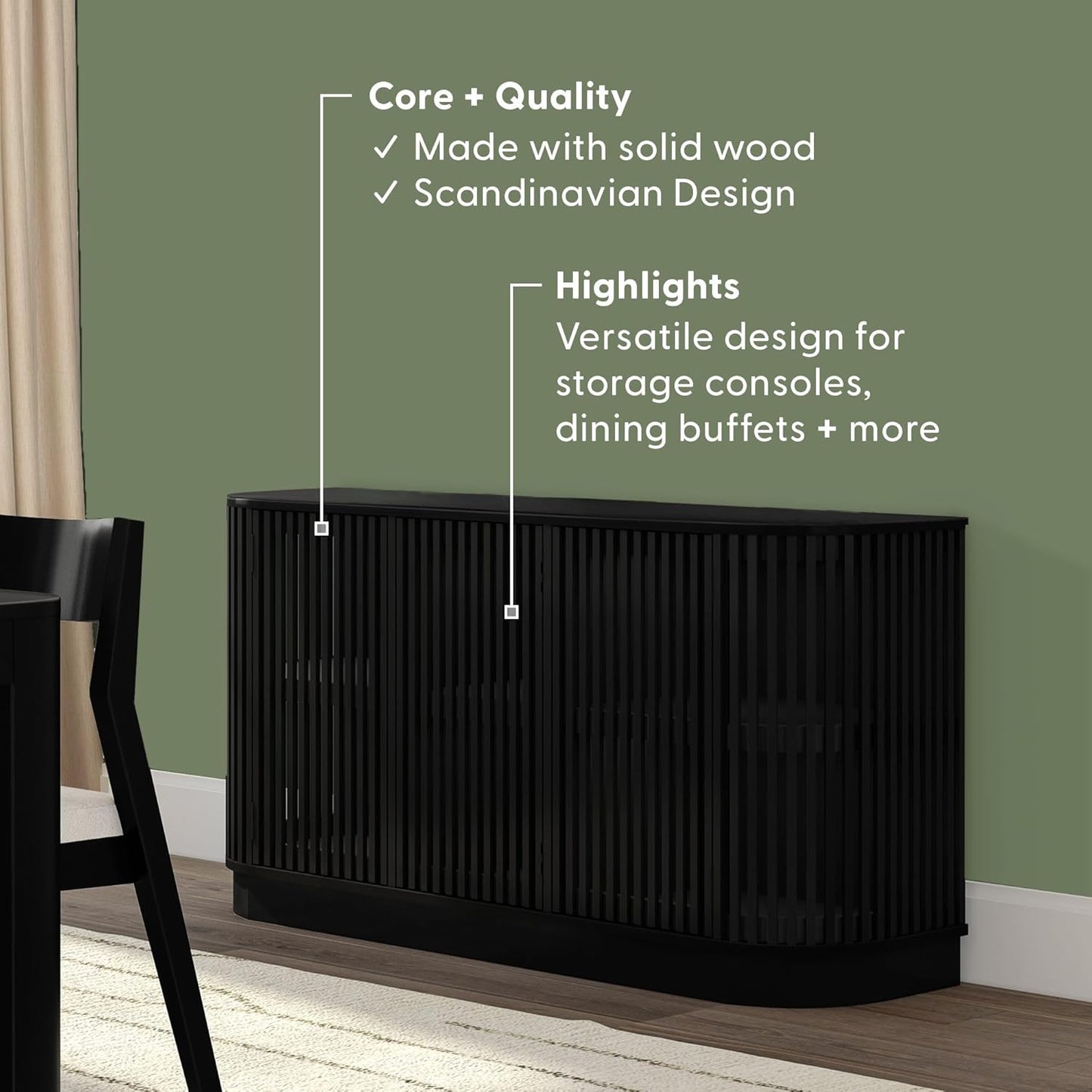 Plank+Beam Contour Wood TV Stand, Three Door Solid Wood Entertainment Console with Storage, 59" L x 16" W x 30" H, Black