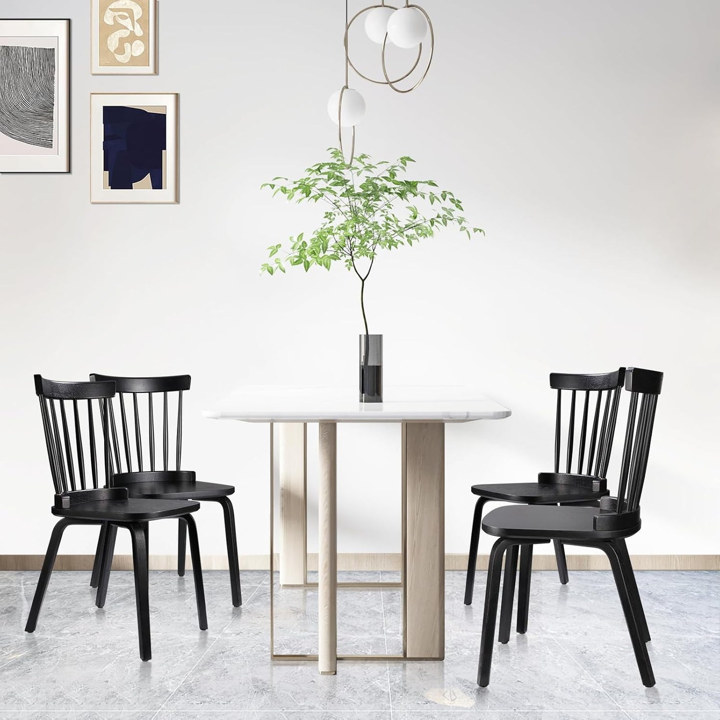Unovivy Wood Dining Chairs Set of 4, Farmhouse Spindle Back, Widen Seat, Modern Mid-Century Country Style, for Living Room Restaurant, Black