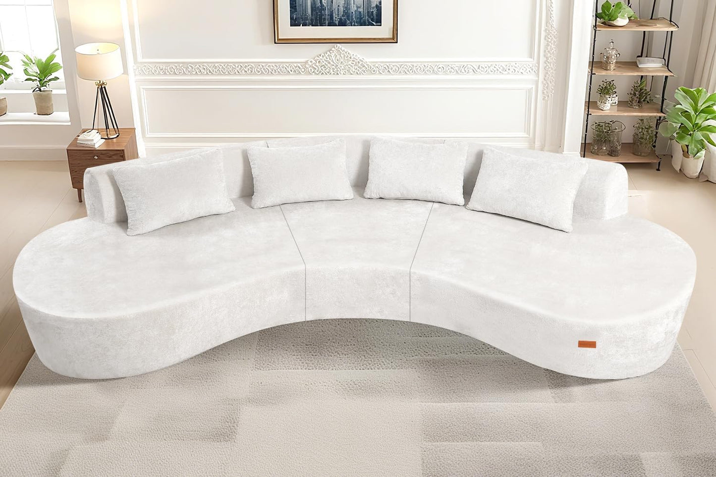 Homguava 130'' Modular Sectional Sofa,Curved Modern Sofa with Memory Foam,Deep Seat Cloud Couch with 4 Pillows,Upholstered Oversized Couches for Living Room Apartment Office,No Assembly Required-Beige
