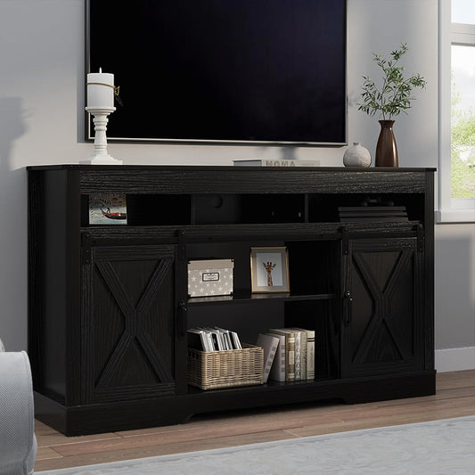 RoyalCraft Farmhouse TV Stand for 23" Fireplace, 34'' Tall Entertainment Center for 65+ Inch TV, 34" Tall Rustic TV Console with Sliding Bar Door for Living Room Black