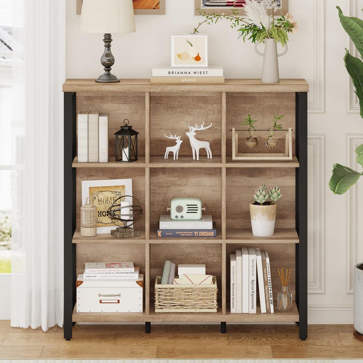 FATORRI 9 Cube Storage Bookshelf, 4 Shelf Book Shelf, Farmhouse Wood and Metal Cubby Bookcase for Home Office Kitchen (39.37 Inch W, Rustic Oak)