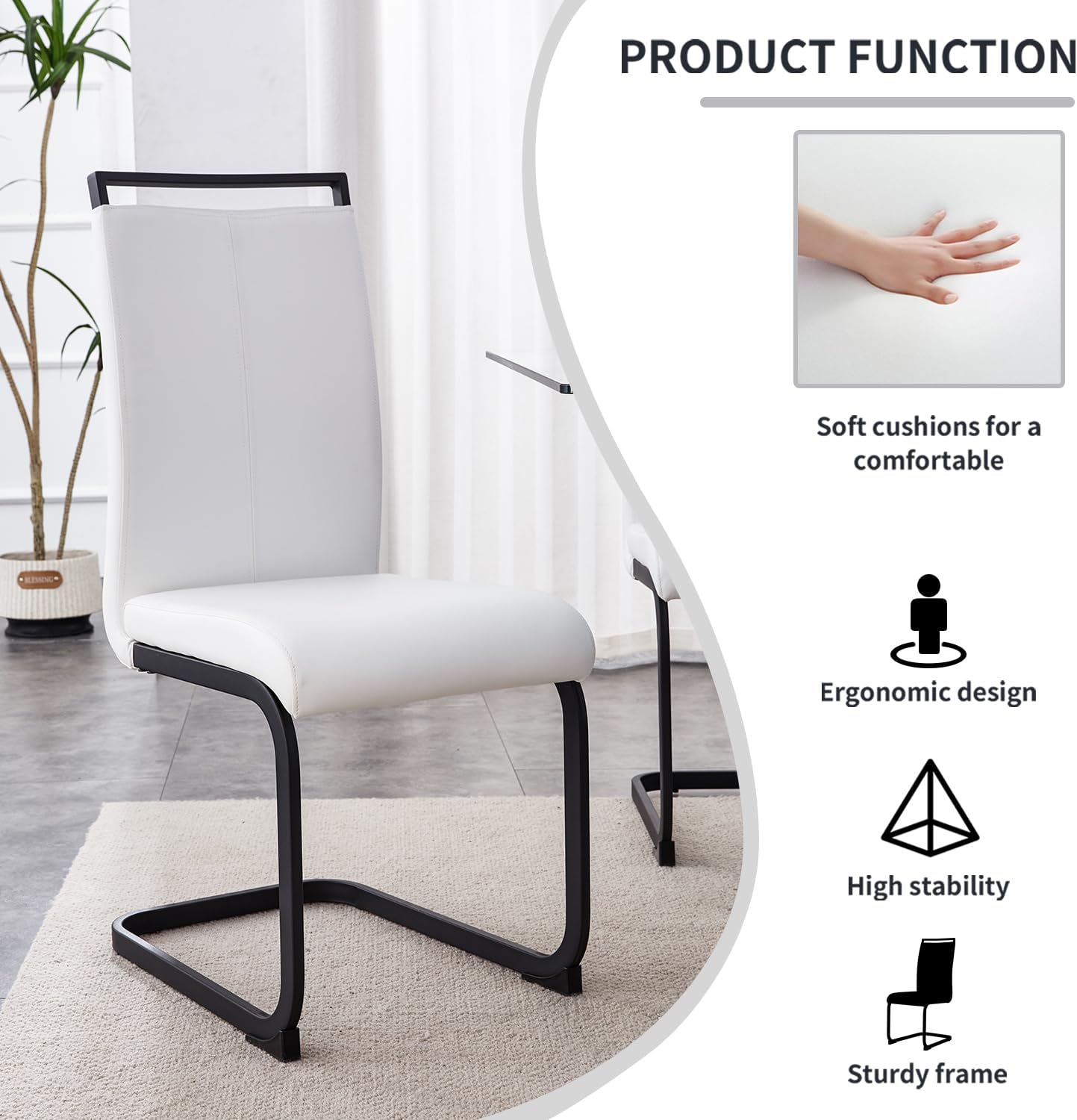 Modern Dining Chairs Set of 4,High Back Kitchen Chairs,Side Room Chair with Black Powder Coating Metal Legs,Easy to Clean Upholstered Dining Chairs,Ideal for Living Room(White Chairs)