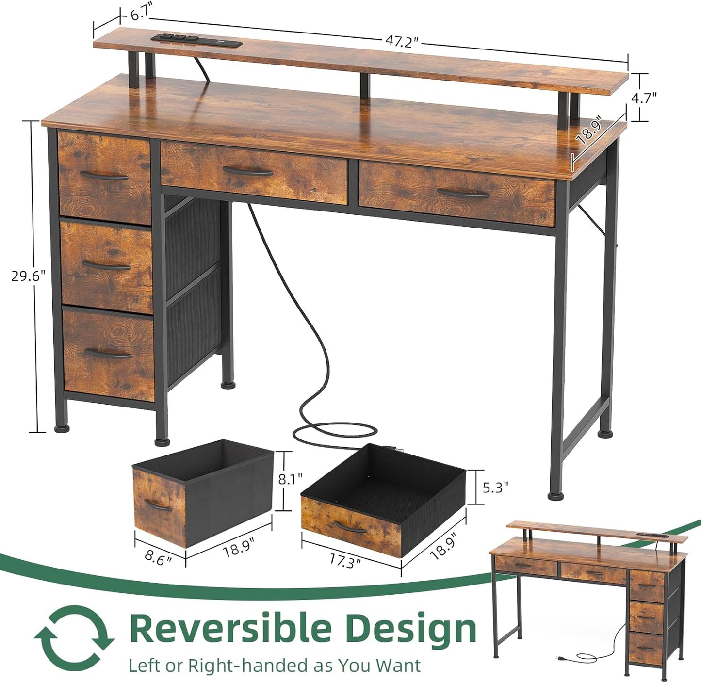 Computer Desk with 5 Drawers, Gaming Desk with LED Lights Power Outlets and Type-C, 47 Inch Office Desk with Storage, Monitor Stand, Writing Desk Work Table for Home Office, Small Spaces, Rustic Brown
