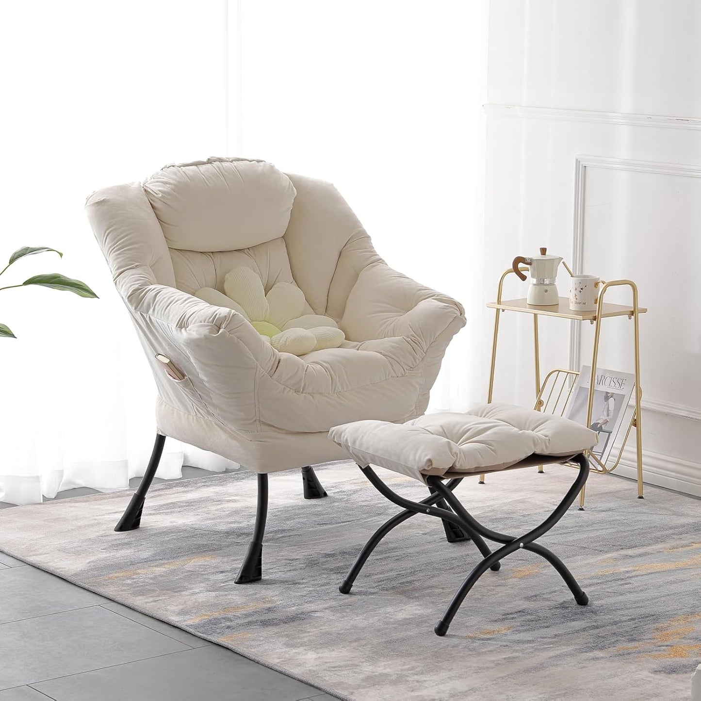 LITA Lazy Chair with Ottoman, Accent Contemporary Lounge Single Leisure Upholstered Sofa Set Armrests and a Side Pocket, Reading for Living Room & Bedroom, Beige 10.6D x 28.3W x 36.6H in