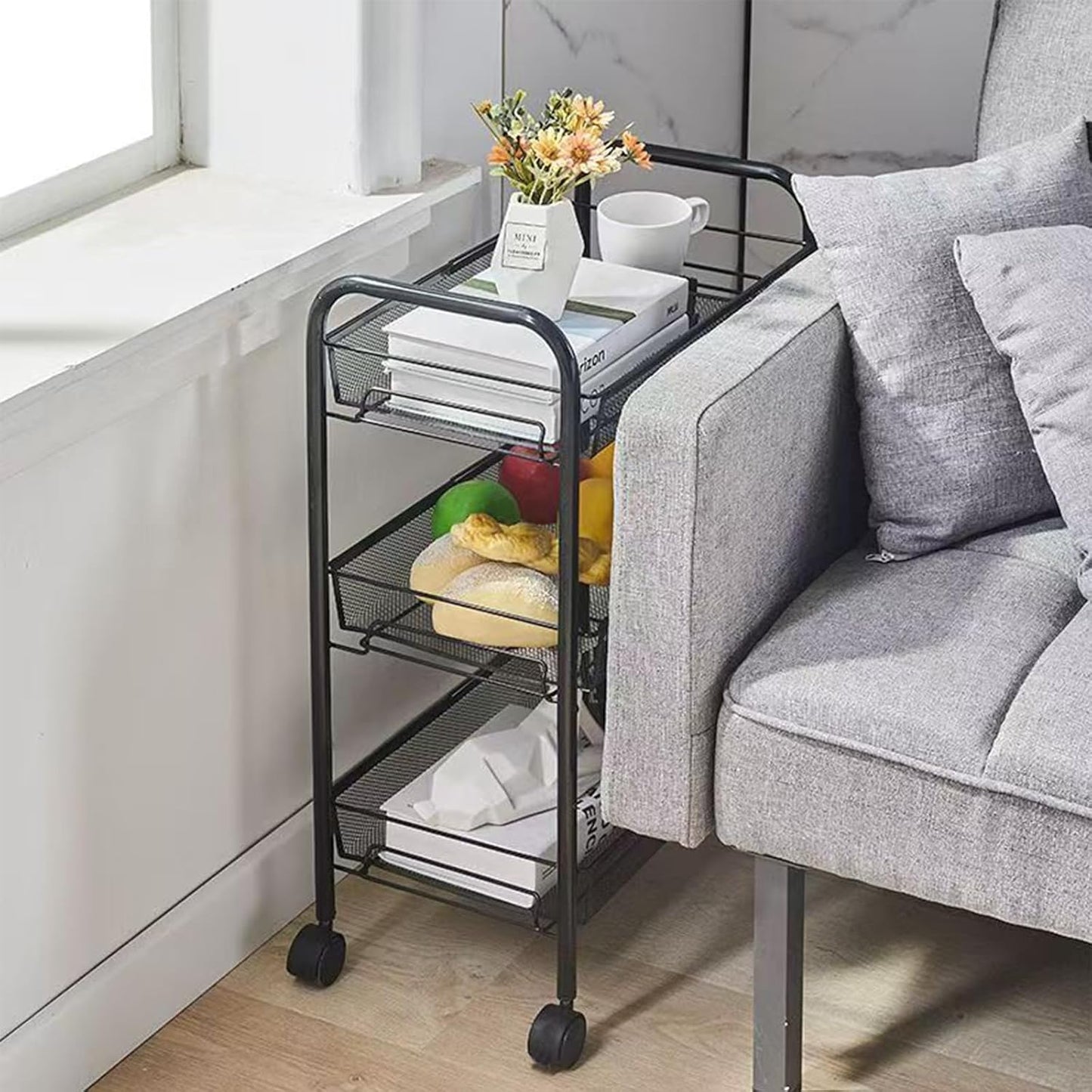 3 Tier Rolling Cart, Mesh Wire Utility Carts, Metal Storage Shelf with Wheels & 4 Side Hooks, for Laundry Room Organization, Kitchen, Living Room, Bathroom, Pantry, Dorm & Under Desk Storage