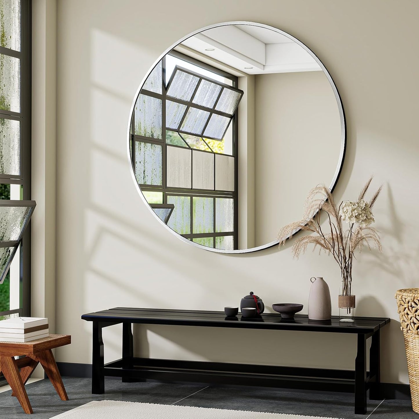 Silver Round Bathroom Mirror, 48 inch Large Circle Wall Mounted Hanging Mirror with Simple Modern Circular Metal Frame for Hallway, Entryway, Living Room, Silver Frame