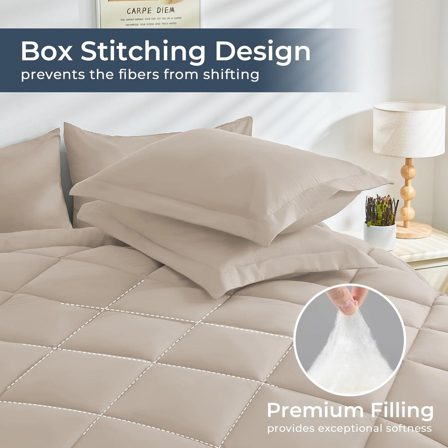 HEVUMYI Khaki Full Comforter Set - 7-Piece All Season Bed in a Bag Full, Ultra Soft Bedding Set with Comforter, Flat Sheet, Fitted Sheet, Pillowcases, Pillow Shams