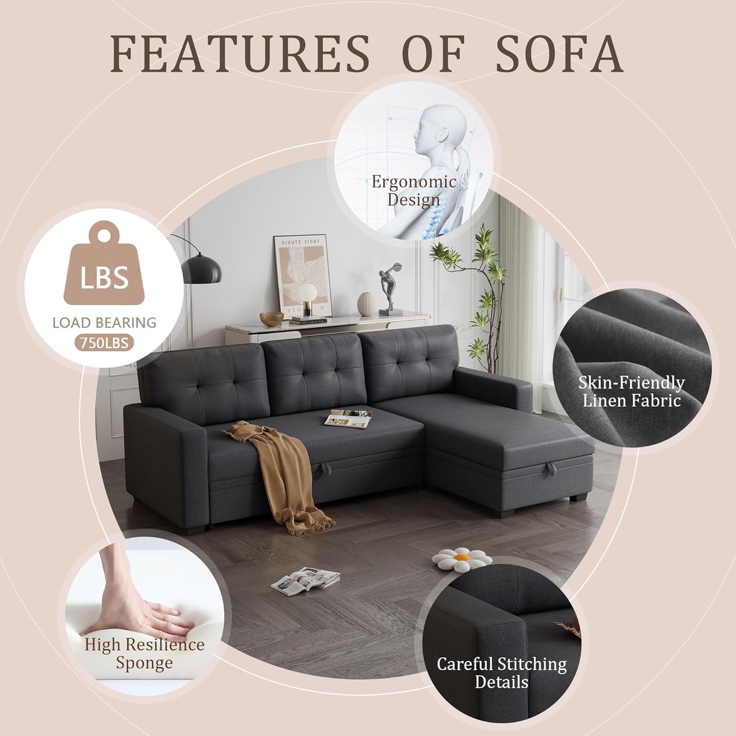 Ball & Cast Convertible Sectional Sleeper Sofa Bed L Shaped 4 in 1 Pull Out Couch with Reversible Storage Chaise & Removable Back Cushions,Sleeper Corner Pull Out Sofa Bed Couch for Living Room,Office