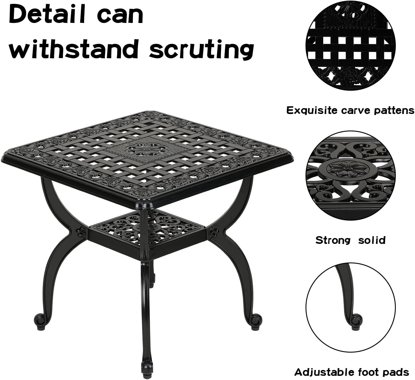 JARDIN DE CENTENNIAL Cast Aluminum Outdoor Side Table,Anti-Rust Outdoor End Table,Patio Coffee Bistro Table for Indoor,Garden,Porch,Balcony(Square Black)