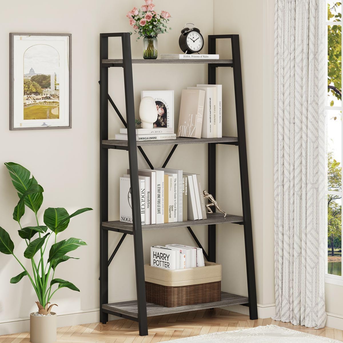 BON AUGURE Ladder Bookshelf, 4 Tier Ladder Shelf Bookcase, Wood Leaning Book Shelves for Living Room, Bedroom, Home Office Shelving Unit (Dark Grey Oak)