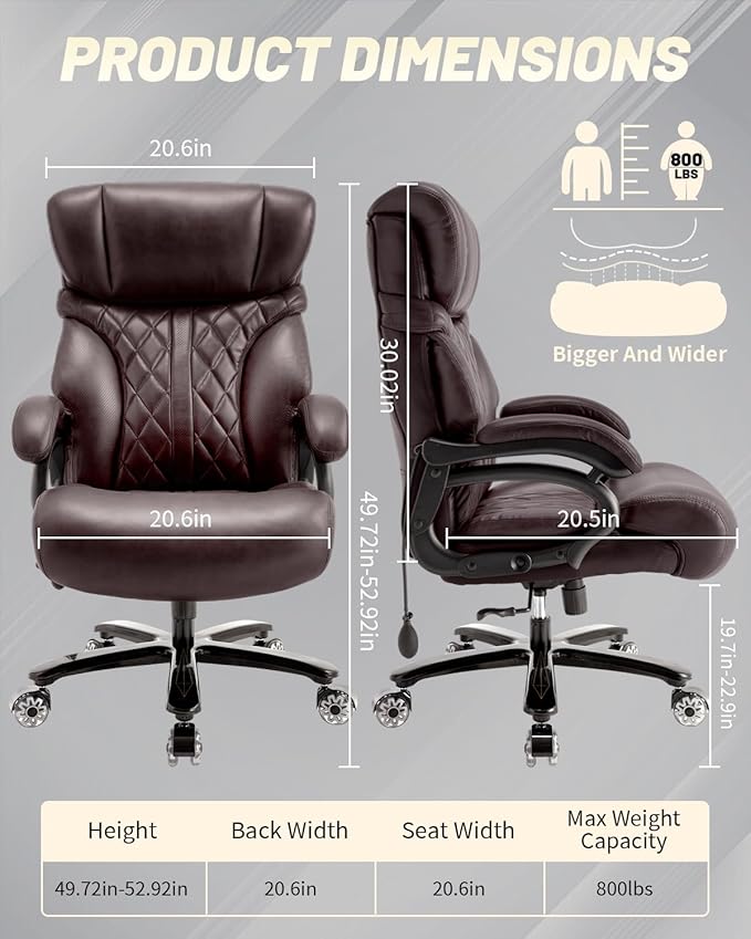 800LBS Big and Tall Office Chair for Heavy People, Extra Wide Seat and Adjustable Lumbar, Heavy Duty Executive Chair with High Back, Large Computer Desk Chair Comfortable for Home Office
