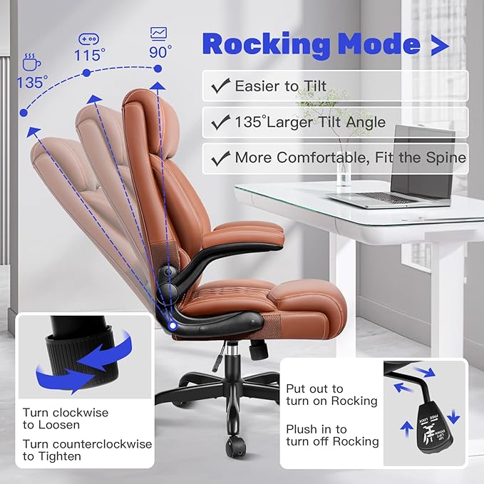 High Back Executive Office Chair - Ergonomic Computer Desk with Rocking Function, Leather Managerial with Adjustable Flip-Up Armrests and Lumbar Support