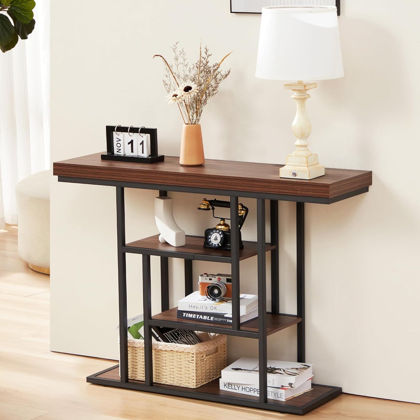 HABUTWAY 42" Industrial Entryway Table, Narrow 4-Tier Wood Console Table for Living Room, Accent Tables Living Room, Sofa Table for Front Door, Hallway, Foyer, Rustic Brown