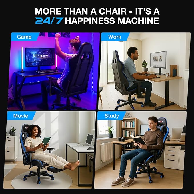 Douxlife 7-Point Massage Gaming Chair, 175° Gaming Recliner with Footrest Ergonomic Computer Office Chair High Back Video Game Chair with Lumbar Support, Upgraded Version Black and Blue