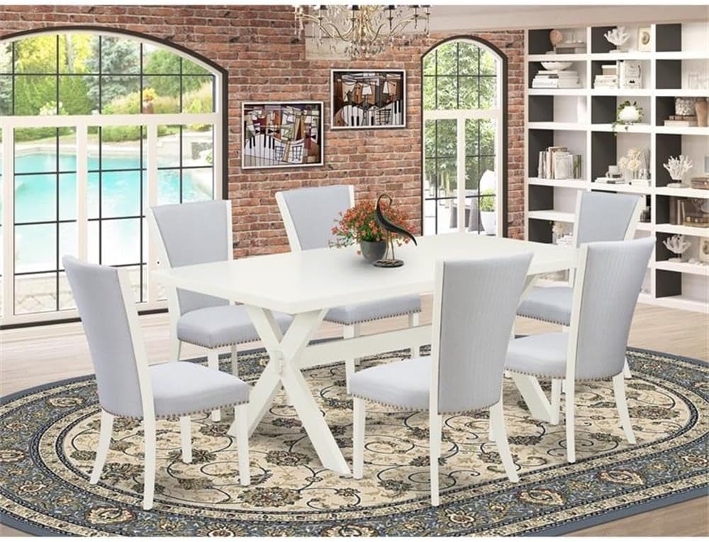East West Furniture X027VE005-7 7 Piece Dining Set Consist of a Rectangle Dining Room Table with X-Legs and 6 Grey Linen Fabric Upholstered Parson Chairs, 40x72 Inch, Multi-Color
