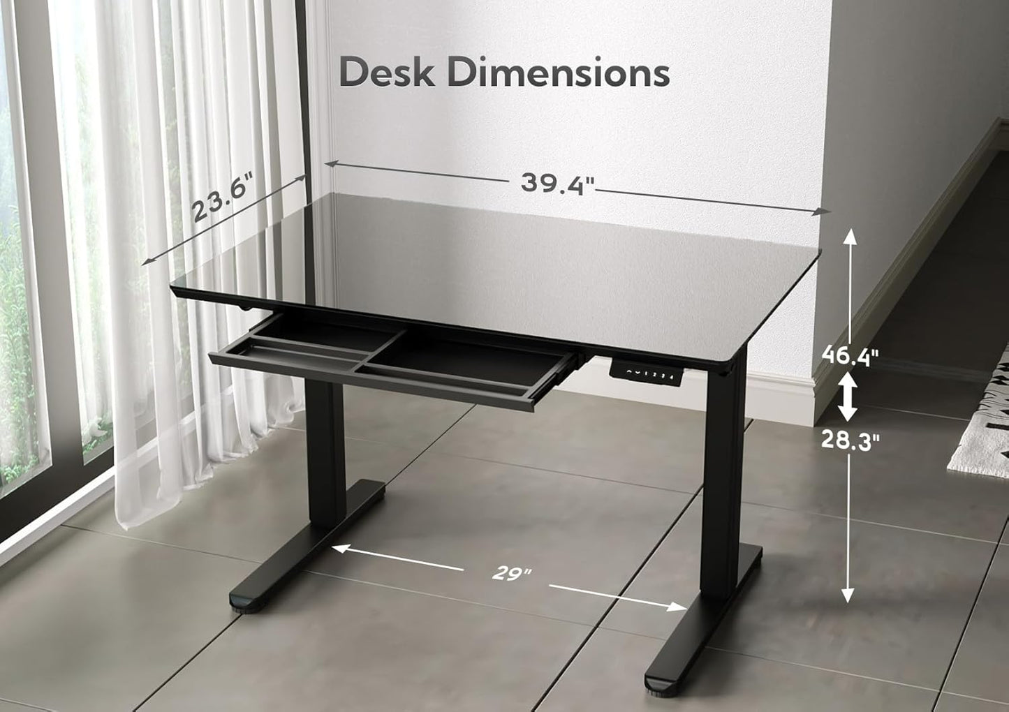 INNOVAR Glass Standing Desk with Drawers, 40×24 Inch Adjustable Stand Up Desk Quick Install Home Office Computer Desk, Black