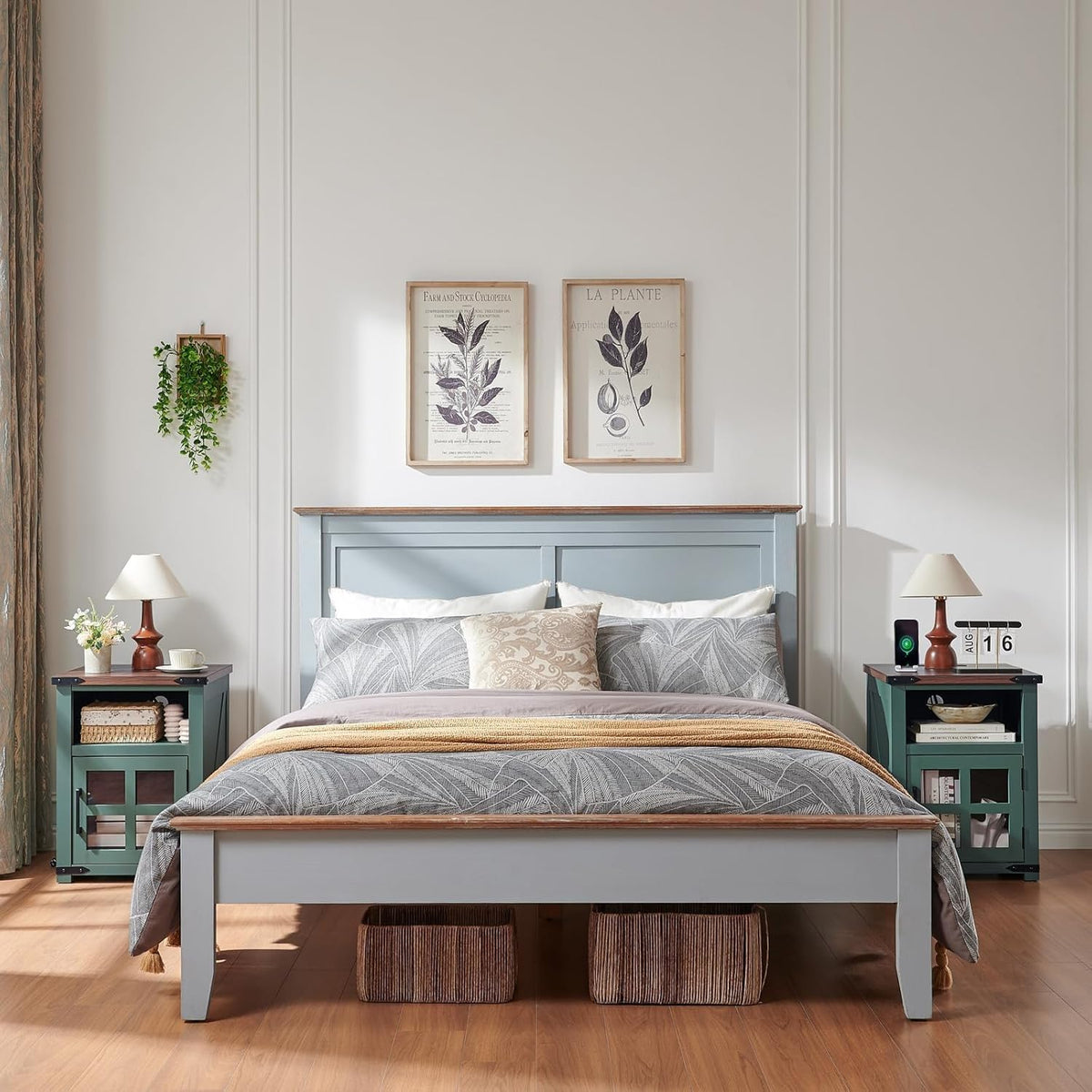 Farmhouse Nightstand with Charging Station, Rustic End Table with Tempered Glass Barn Door, Wood Sofa Side Bedside Table with Open Storage Shelf for Living Room, Bedroom, Green