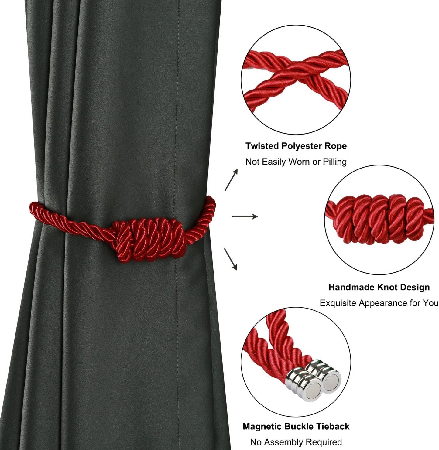 BEL AVENIR Magnetic Curtain Tiebacks, Decorative Drapery Holdbacks Modern Woven Tie-Backs with Exquisite Knot (Red, 4 Pack)