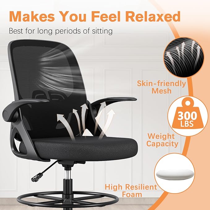 Tall Drafting Chair with Lumbar Support and Footrest Ring, Supportive Tall Extended Height Ergonomic Desk Chair for Home Work, Breathable Mesh Office Chair with Flip up Arms(Black)