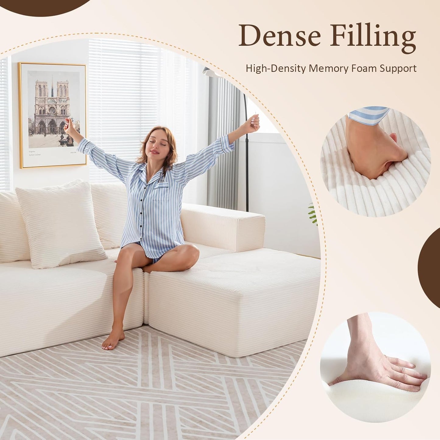 INGEROOM 108" Cloud Sectional Couch with L-Shape Chaise, Modular Sofa Memory Foam, Boneless Sofa with Movable Ottoman, Upholstered Couches for Living Room Bedroom, No Assembly Required, Beige