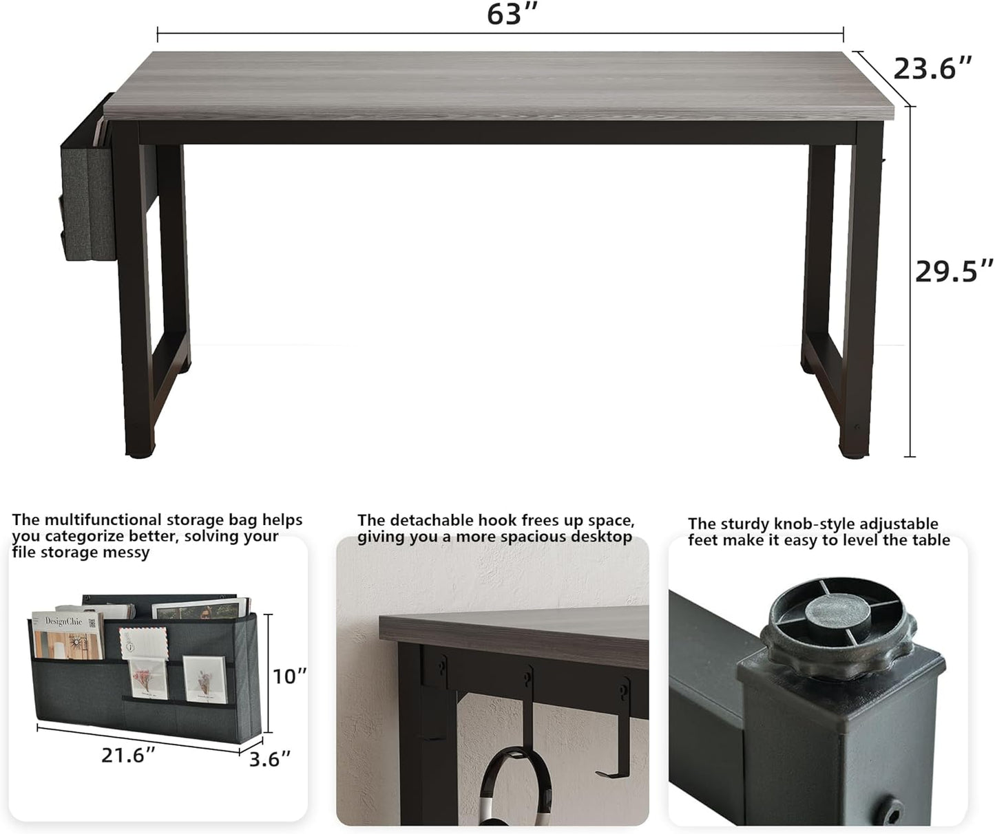 Large Computer Desk - 63 Inch Home Office Desks Study Student Writing Table Gaming Desk Wood Modern Simple Table with Storage Bag & Headphone Hooks, Grey