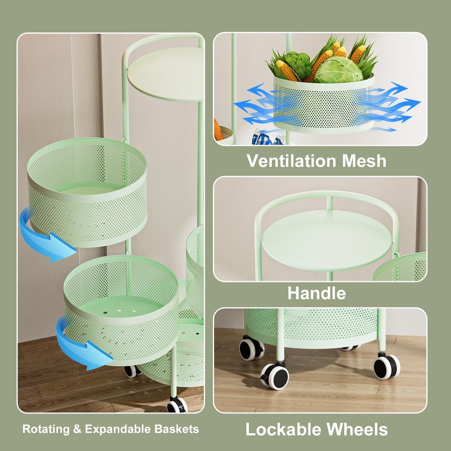 JAQ Rotating Fruit Basket, 5-Tier Metal Sturdy Kitchen Storage Rack Shelf Carts No Assembly on Rolling Wheels for Fruit Vegetable Grocery Corns Potato Onion (5-Tier, Green)