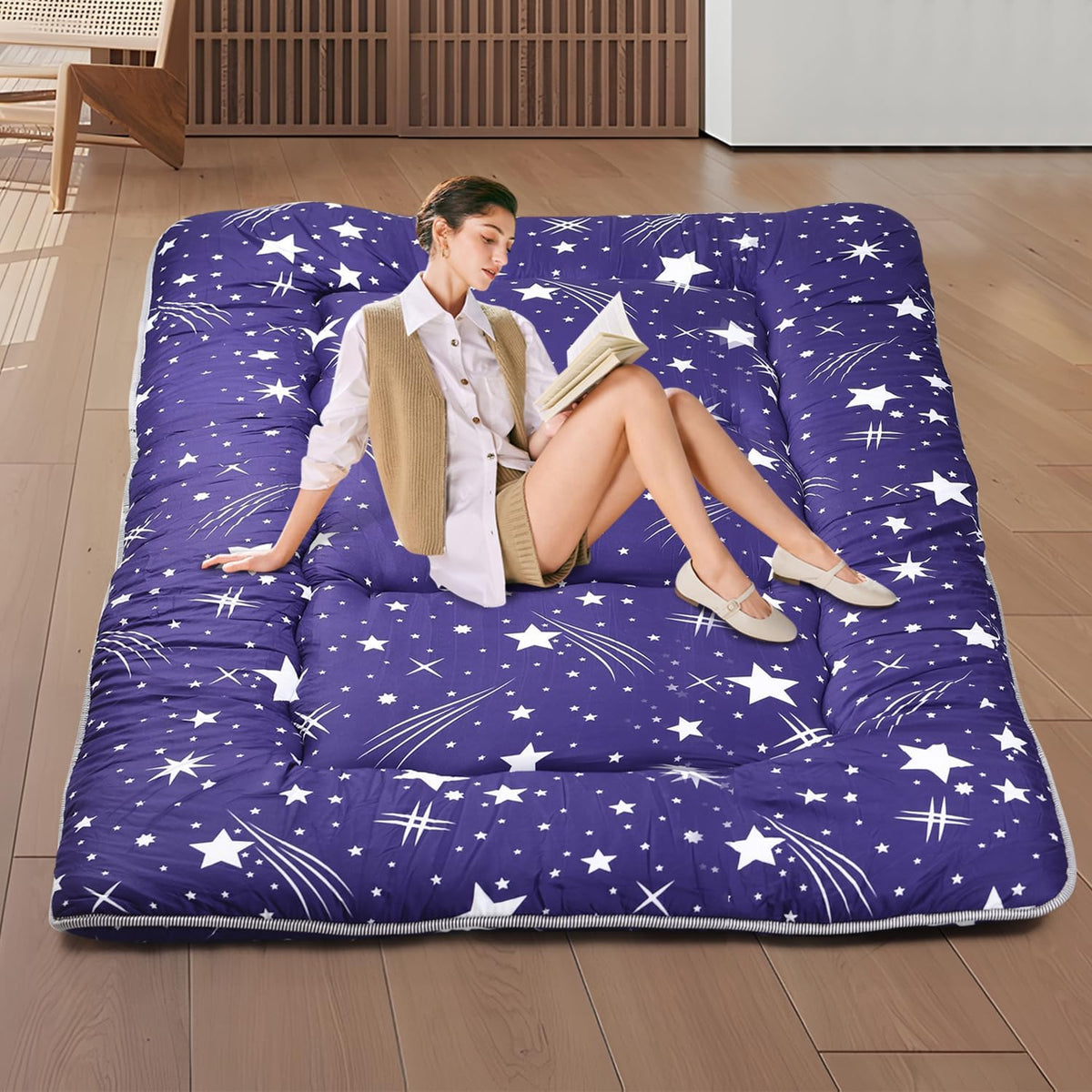 Japanese Floor Mattress,Roll Up Memory Foam Tatami Mat Easy to Store and Portable,Futon Mattress Suitable for Camping and Guest Room (Blue, Full (80" X 47"))